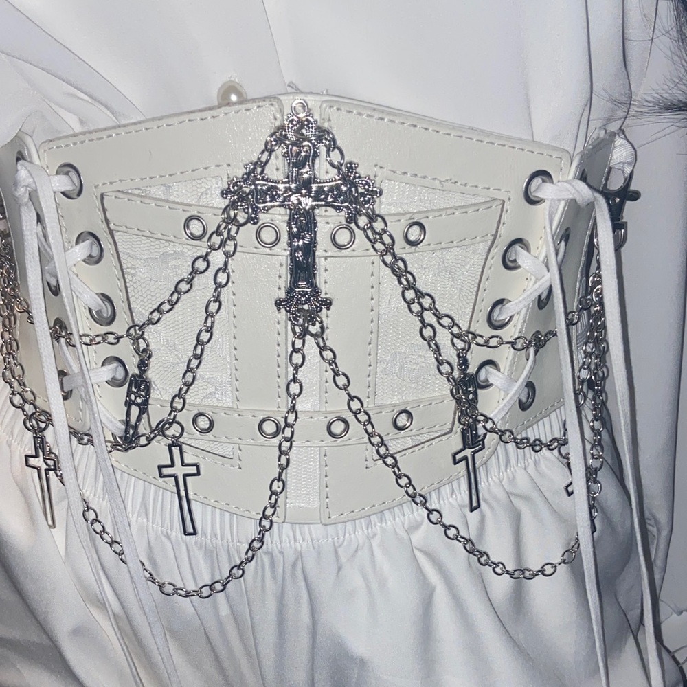 White Corset Belt with Silver Cross Chains